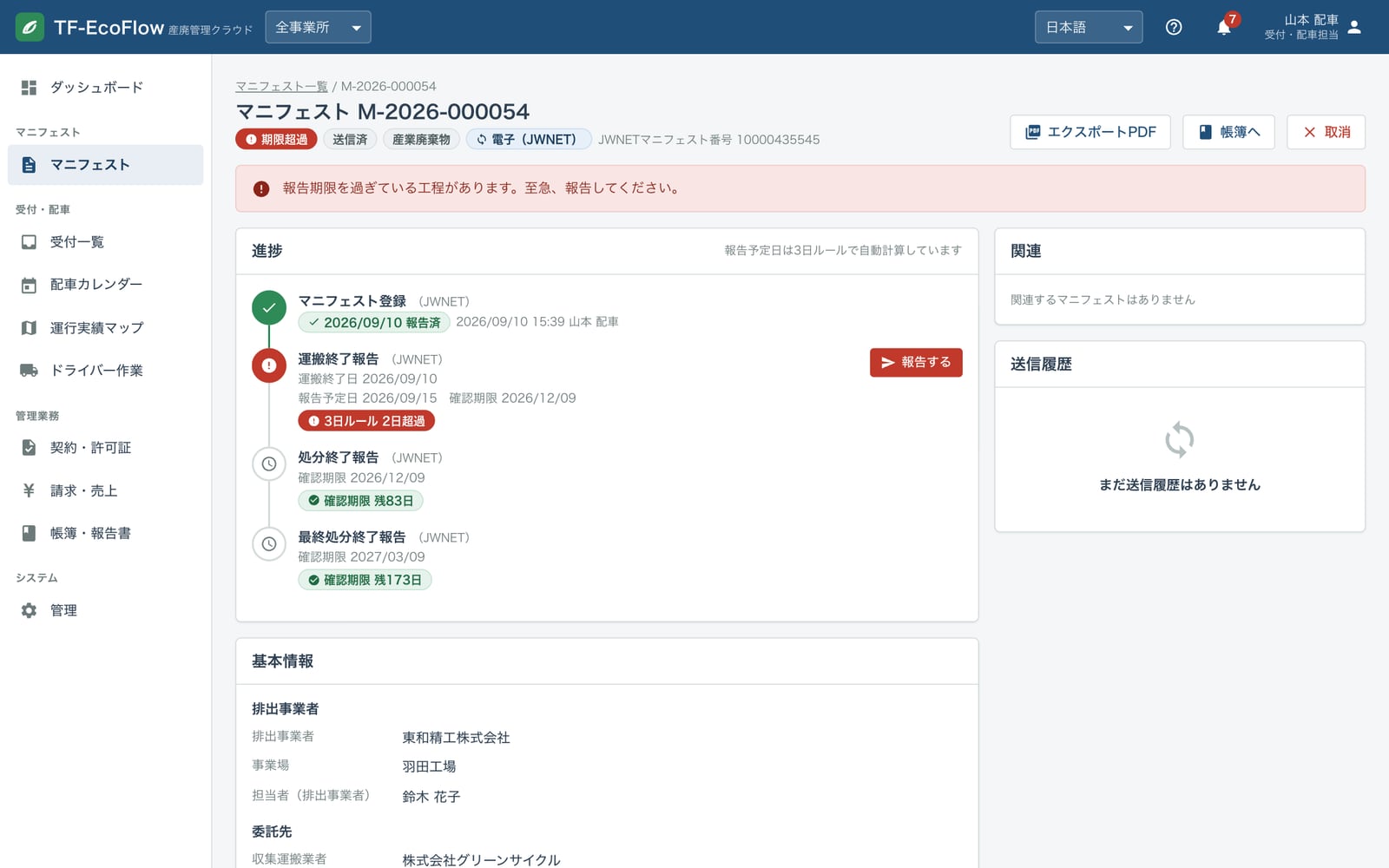 マニフェスト詳細。交付から処分終了までの進行状況と、各報告の期限が表示されている